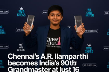 Chennai’s 16-year-old A.R. Ilamparthi celebrates becoming India’s 90th Chess Grandmaster holding trophies after a championship win.