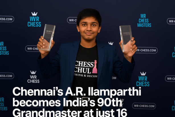 Chennai’s 16-year-old A.R. Ilamparthi celebrates becoming India’s 90th Chess Grandmaster holding trophies after a championship win.