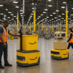 Amazon warehouse automation with robots replacing human workers to boost efficiency and speed