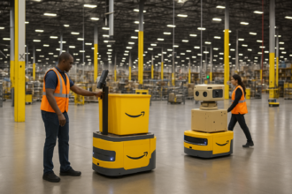 Amazon warehouse automation with robots replacing human workers to boost efficiency and speed