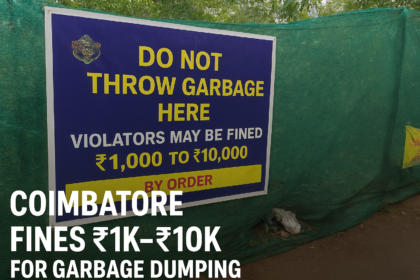 Notice board in Coimbatore warning residents against dumping garbage, with fine details mentioned in Tamil.