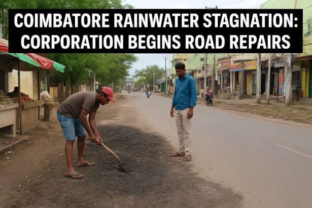 Municipal workers repairing a rain-damaged road in Coimbatore after heavy rainfall caused water stagnation, with shops and houses visible along the street.