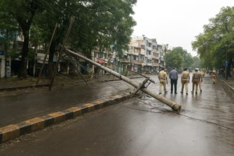 Fallen electric pole on V.K.K. Menon Road in Gandhipuram causing traffic disruption and police inspection in Coimbatore
