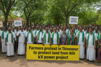 Farmers gather in Thiruvarur district protesting against 400 kV power project to protect agricultural lands