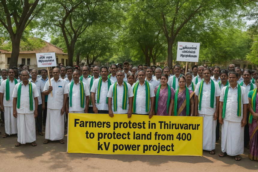Farmers gather in Thiruvarur district protesting against 400 kV power project to protect agricultural lands