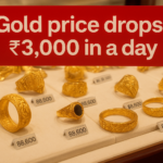 Gold jewelry display showing price drop of ₹3,000 per sovereign across India on October 28, 2025