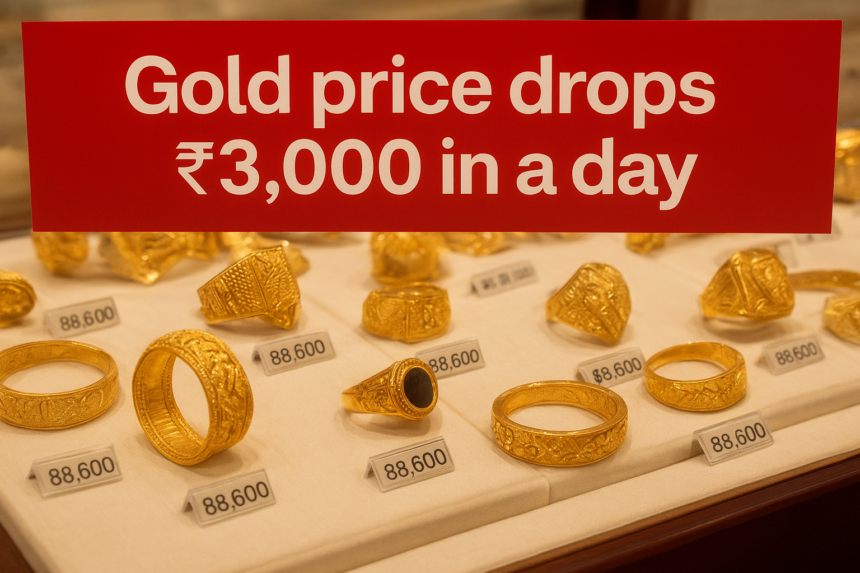 Gold jewelry display showing price drop of ₹3,000 per sovereign across India on October 28, 2025