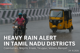 Rain alert for Coimbatore, Nilgiris, Erode, Tiruppur, Vellore, and Ranipet districts on October 24, 2025, as IMD forecasts moderate to heavy rainfall.