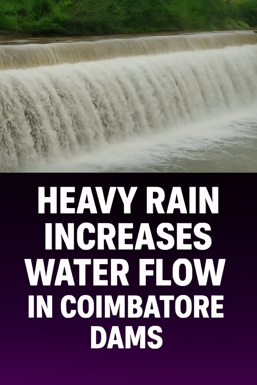 Overflowing water at a dam in Coimbatore after continuous heavy rainfall in northern regions, increasing inflow and water levels.