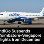 IndiGo aircraft parked at Coimbatore Airport after announcement of Coimbatore–Singapore flight suspension due to low demand.