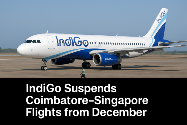 IndiGo aircraft parked at Coimbatore Airport after announcement of Coimbatore–Singapore flight suspension due to low demand.