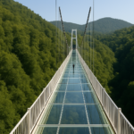 A stunning 132-meter glass bridge suspended by cables over lush green forests in Uttarakhand, India.