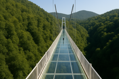 A stunning 132-meter glass bridge suspended by cables over lush green forests in Uttarakhand, India.