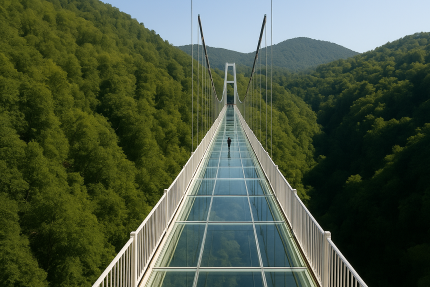 A stunning 132-meter glass bridge suspended by cables over lush green forests in Uttarakhand, India.