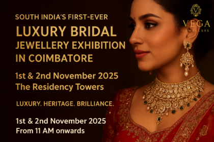 A bride wearing Vega Jewellers’ Polki bridal jewellery during the Luxury Bridal Jewellery Exhibition in Coimbatore, Tamil Nadu.