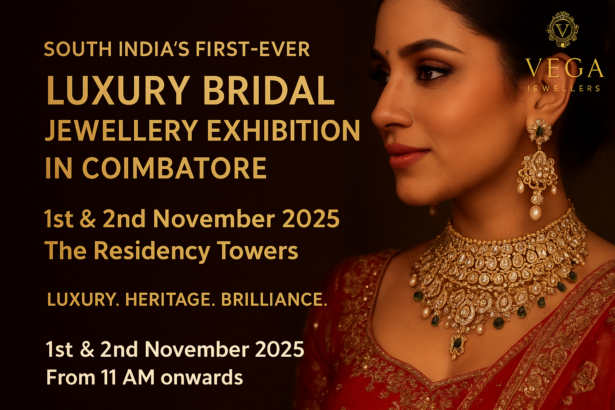 A bride wearing Vega Jewellers’ Polki bridal jewellery during the Luxury Bridal Jewellery Exhibition in Coimbatore, Tamil Nadu.