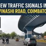 A daytime view of Coimbatore’s Avinashi Road showing vehicles, pedestrians, and newly installed traffic signals at major junctions like Lakshmi Mills and Nava India.