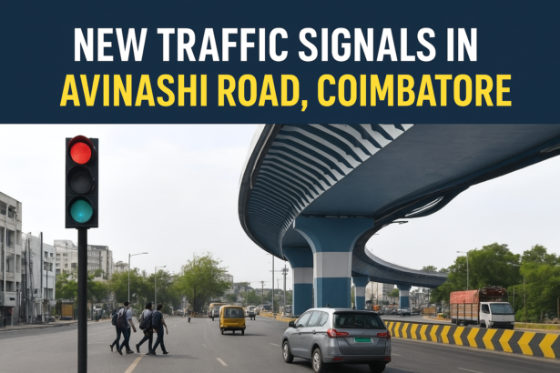 A daytime view of Coimbatore’s Avinashi Road showing vehicles, pedestrians, and newly installed traffic signals at major junctions like Lakshmi Mills and Nava India.