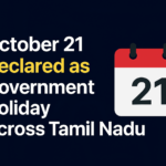 A digital news banner showing Tamil Nadu map and calendar highlighting October 21, announcing a government holiday.