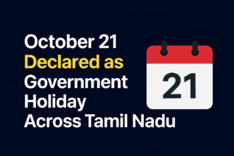 A digital news banner showing Tamil Nadu map and calendar highlighting October 21, announcing a government holiday.