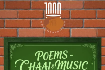 Poster of Poems, Chaai & Music event in Coimbatore featuring poetry, live music, and tea organized by 1000 Pots Entertainment at Shankar IAS Academy, GV Residency on November 1.