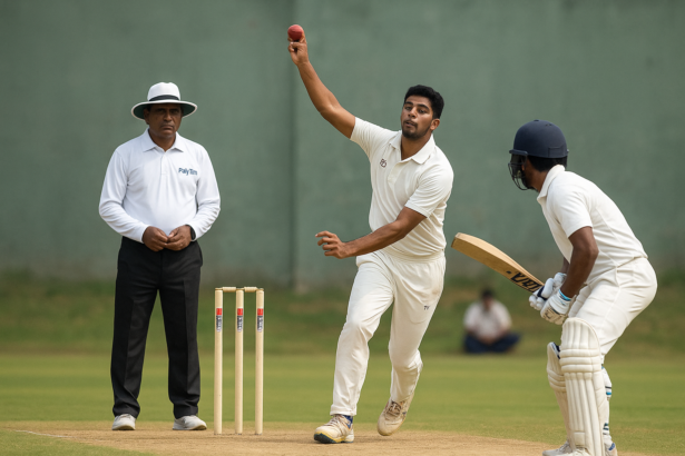 Ranji Trophy cricket match in Coimbatore with players in white uniforms on a sunny day