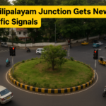 New traffic signals installed at Uppilipalayam Junction in Coimbatore to ease congestion and improve road safety, with vehicles moving around the roundabout.