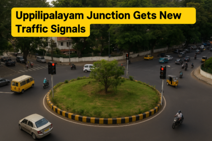 New traffic signals installed at Uppilipalayam Junction in Coimbatore to ease congestion and improve road safety, with vehicles moving around the roundabout.