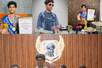 V. Rahul receiving the Kalam’s World Record certificate for youngest Grade 8 drummer in India