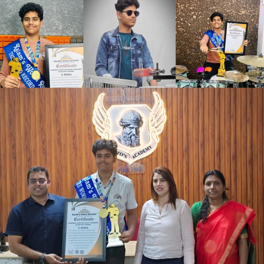 V. Rahul receiving the Kalam’s World Record certificate for youngest Grade 8 drummer in India
