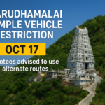 Aerial view of Marudhamalai Temple in Coimbatore with announcement of vehicle restriction for devotees ahead of Kandha Sashti festival preparations in October 2025.