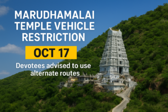 Aerial view of Marudhamalai Temple in Coimbatore with announcement of vehicle restriction for devotees ahead of Kandha Sashti festival preparations in October 2025.