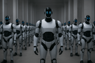 A large group of humanoid security robots assembled in a warehouse for China’s national defence deployment plan.