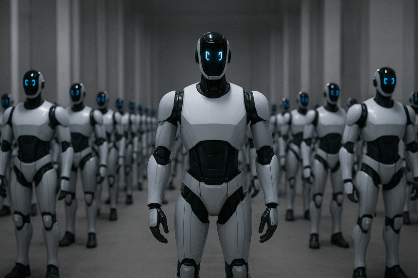 A large group of humanoid security robots assembled in a warehouse for China’s national defence deployment plan.