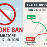 Coimbatore has issued a strict drone ban and announced key traffic diversions from November 17 to 19, 2025, to ensure security during the Prime Minister’s visit. Commuters are advised to follow the updated routes and plan travel accordingly.