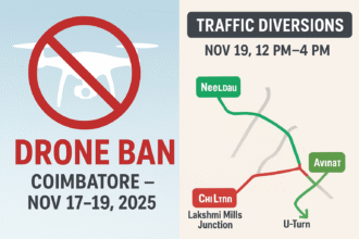 Coimbatore has issued a strict drone ban and announced key traffic diversions from November 17 to 19, 2025, to ensure security during the Prime Minister’s visit. Commuters are advised to follow the updated routes and plan travel accordingly.
