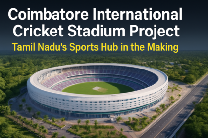 Aerial view rendering of Coimbatore International Cricket Stadium at Ondipudur