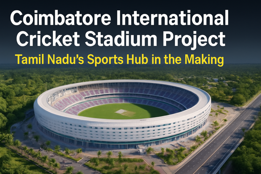 Aerial view rendering of Coimbatore International Cricket Stadium at Ondipudur
