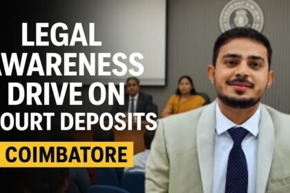 District Court Coimbatore building and officials during the legal awareness drive on unclaimed deposits