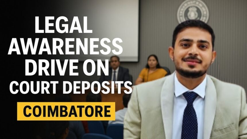 District Court Coimbatore building and officials during the legal awareness drive on unclaimed deposits