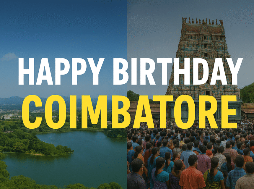 A collage of Coimbatore landmarks and cultural moments celebrating the birthday of Kovai city.