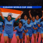Indian women’s kabaddi team celebrating their Kabaddi World Cup 2025 victory with the Indian flag