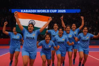 Indian women’s kabaddi team celebrating their Kabaddi World Cup 2025 victory with the Indian flag