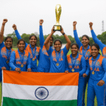 Indian Women’s Blind Cricket Team celebrating victory with the T20 World Cup trophy