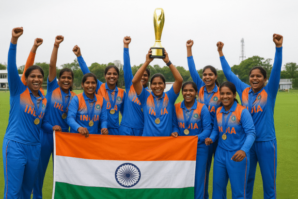 Indian Women’s Blind Cricket Team celebrating victory with the T20 World Cup trophy