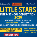 Event poster for Little Stars Inter-School Competition 2025 with contest categories, venue, date, registration details, and sponsor logos.