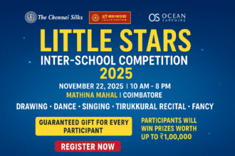Event poster for Little Stars Inter-School Competition 2025 with contest categories, venue, date, registration details, and sponsor logos.