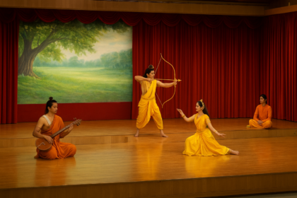 Chinese performers presenting the Ramayana dance drama in Beijing blending Indian and Chinese cultural elements on stage
