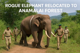 Forest officials relocate a rogue elephant from Thondamuthur, Coimbatore to Anamalai Tiger Reserve after a safe capture operation.