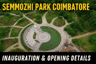Aerial view of the newly constructed Semmozhi Park in Coimbatore ahead of inauguration